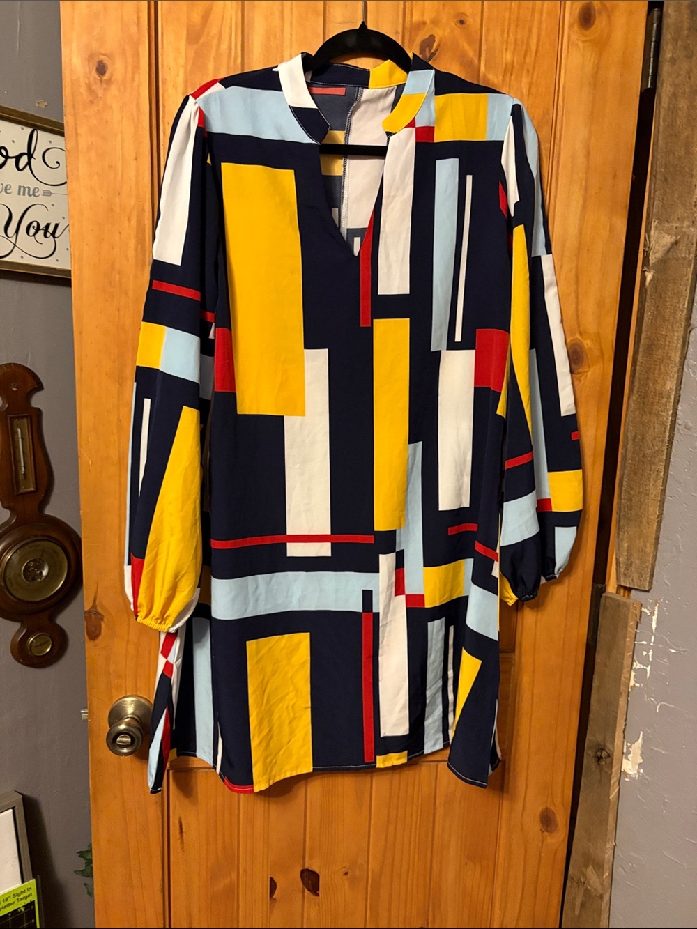Geo-Block Long Sleeve Tunic Dress - Navy, Yellow & Red